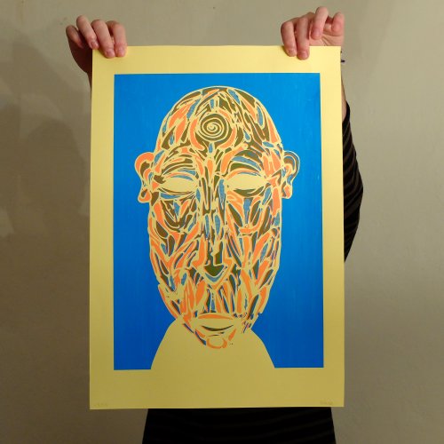 Masque jaune Shéba Sérigraphie 2 couleurs Tiré à 29 exemplaires Papier blanc / jaune 300g Signé et numéroté Dimension : 35 cm x 50 cm Année : 2016