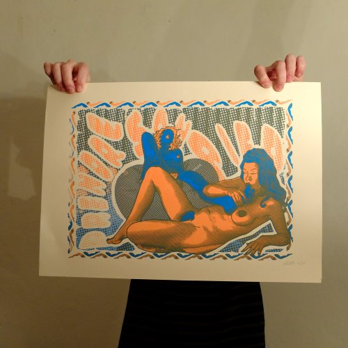 Prendre son pied blanc Gasch Sérigraphie 2 couleurs Tiré à 20 exemplaires Papier nervuré et nacré ou Papier jaune 300g Signé et numéroté Dimension : 35 cm x 50 cm Année : 2016
