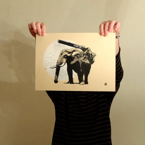 L’éléphant Gasch Série Wild Sérigraphie 1 couleur et pochoir Tiré à 20 exemplaires Papier écru 300g Signé et numéroté Dimension : 25 cm x 35 cm Année : 2016 blanc